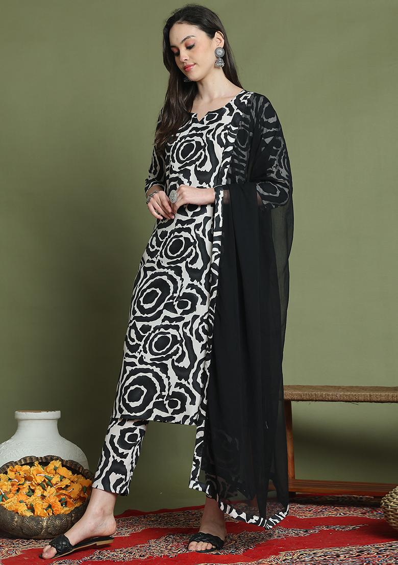 Black And White Printed Cotton Kurta Set - Indya