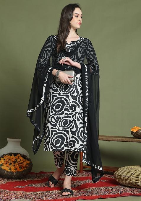 Black And White Printed Cotton Kurta Set