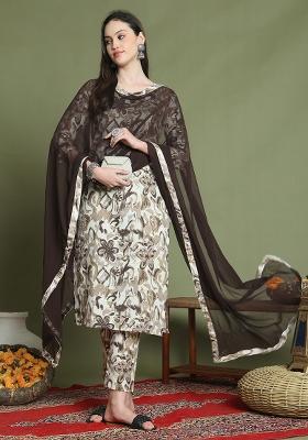 Off-White And Brown Printed Cotton Kurta Set