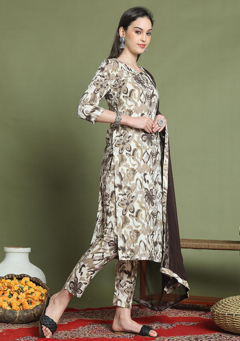 Off-White And Brown Printed Cotton Kurta Set - Indya