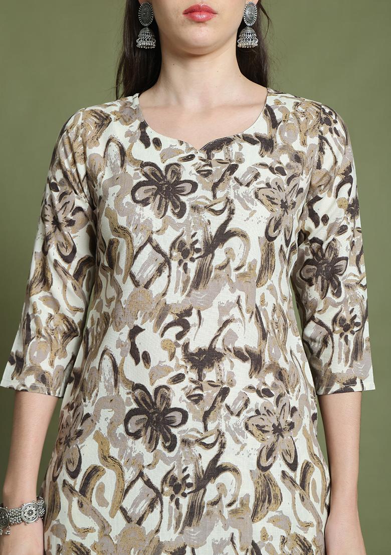 Off-White And Brown Printed Cotton Kurta Set - Indya
