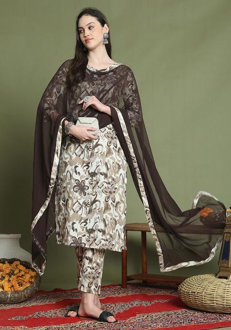 Off-White And Brown Printed Cotton Kurta Set
