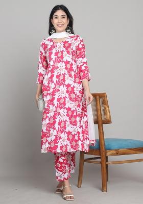 Pink And White Printed Cotton Kurta Set
