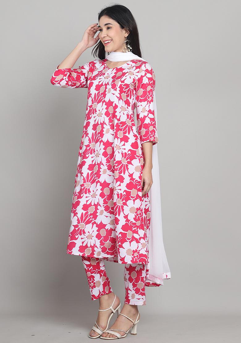 Pink And White Printed Cotton Kurta Set - Indya