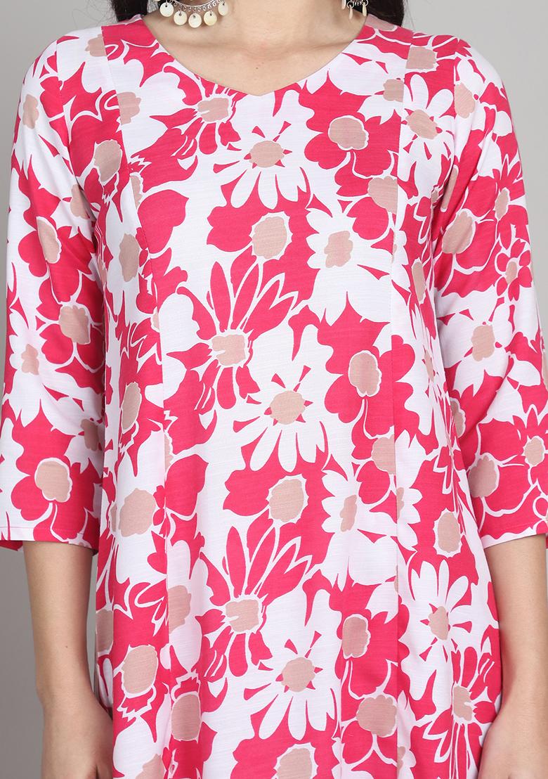 Pink And White Printed Cotton Kurta Set - Indya