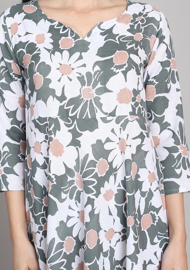 Olive Green And White Printed Cotton Kurta Set - Indya