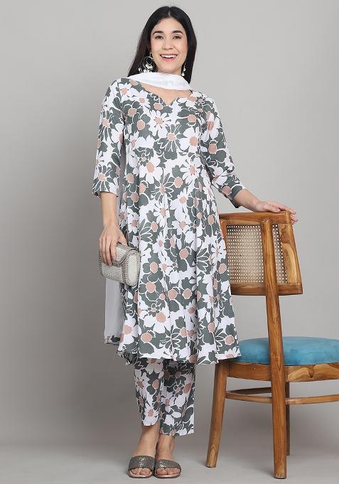 Olive Green And White Printed Cotton Kurta Set