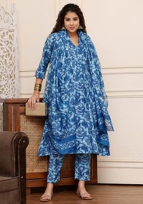 Blue Printed Cotton Kurta Set
