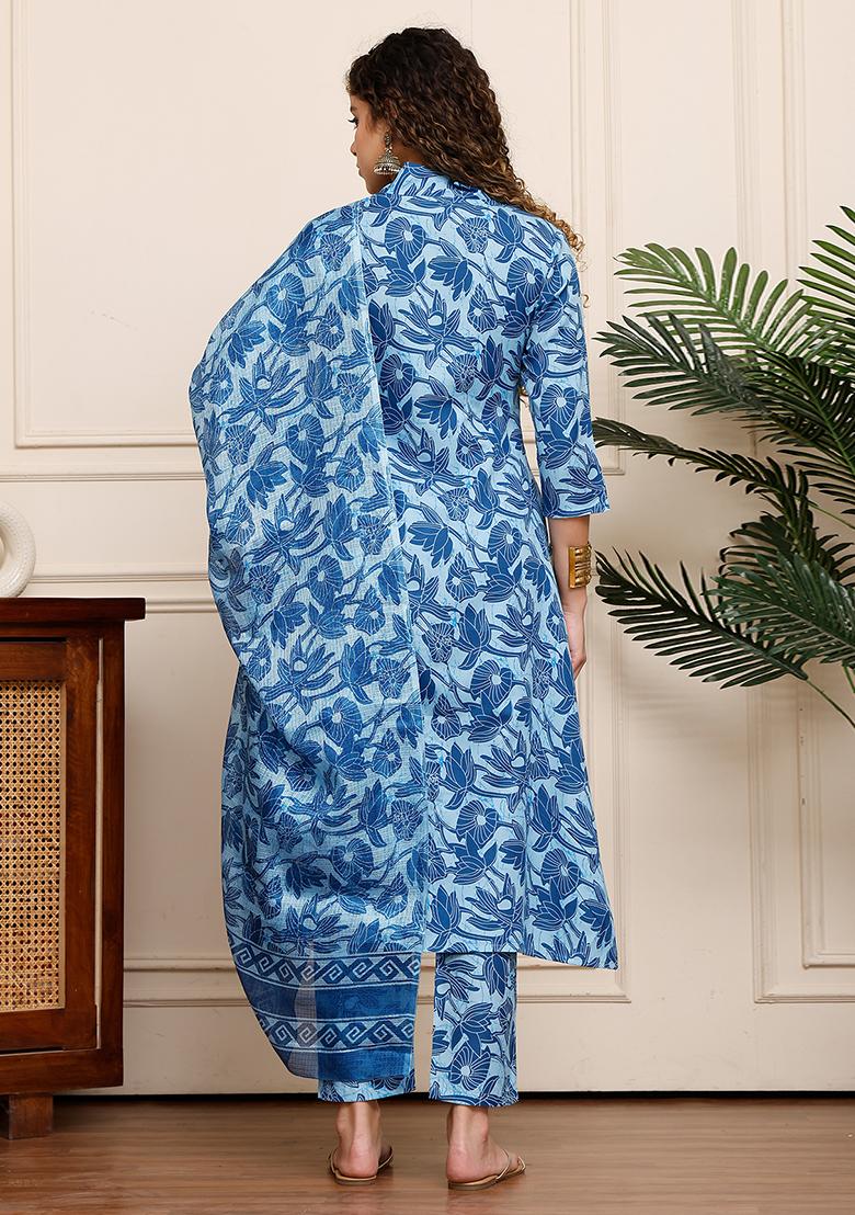 Blue Printed Cotton Kurta Set - Indya
