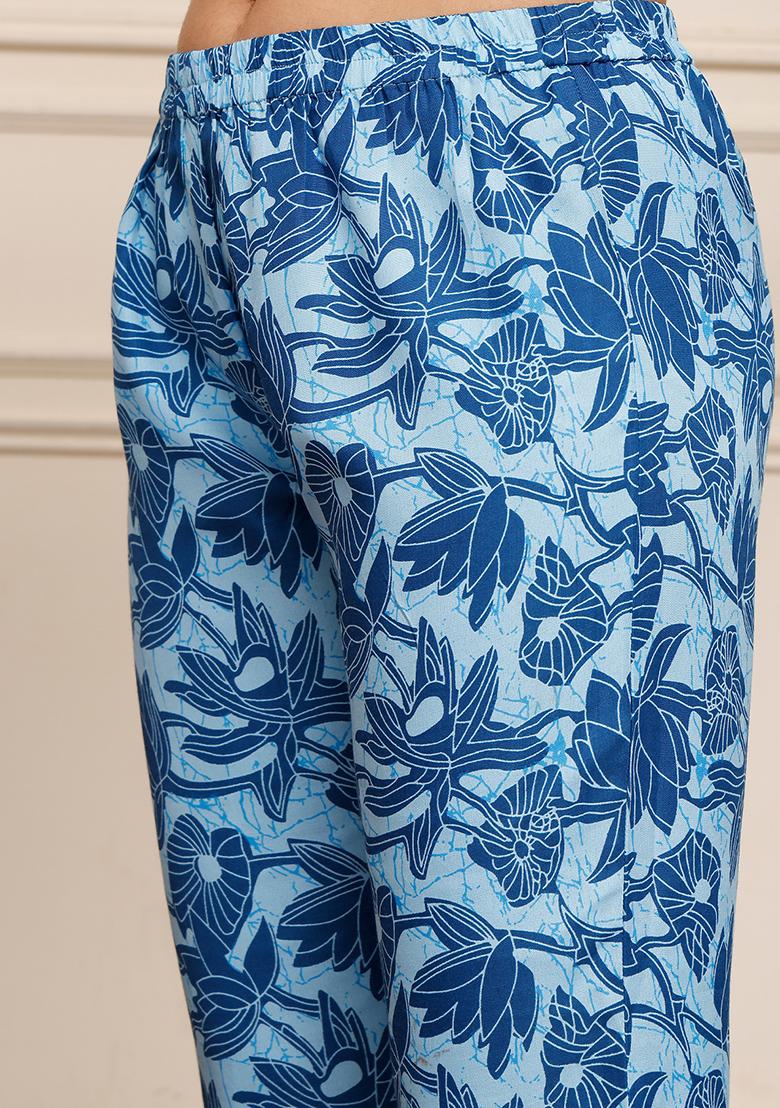 Blue Printed Cotton Kurta Set - Indya