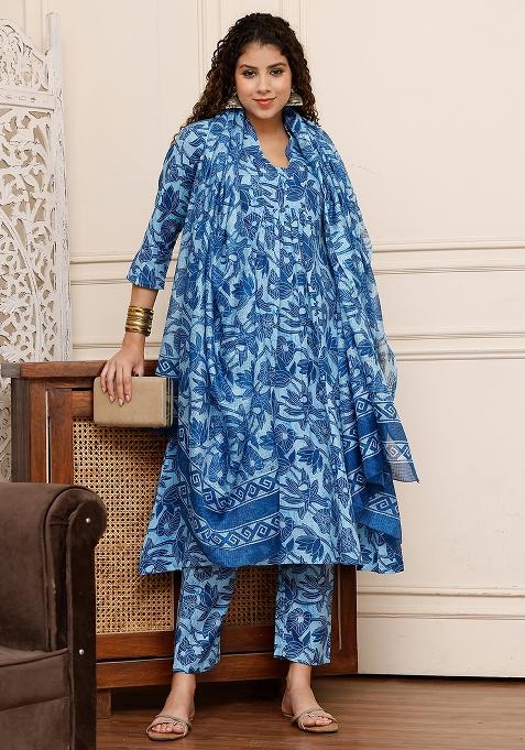 Blue Printed Cotton Kurta Set