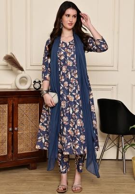 Blue Printed Cotton Kurta Set