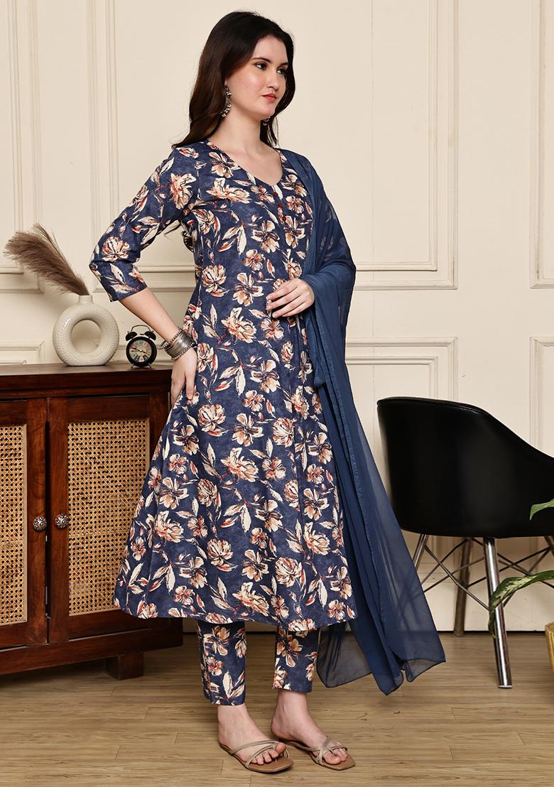Blue Printed Cotton Kurta Set - Indya