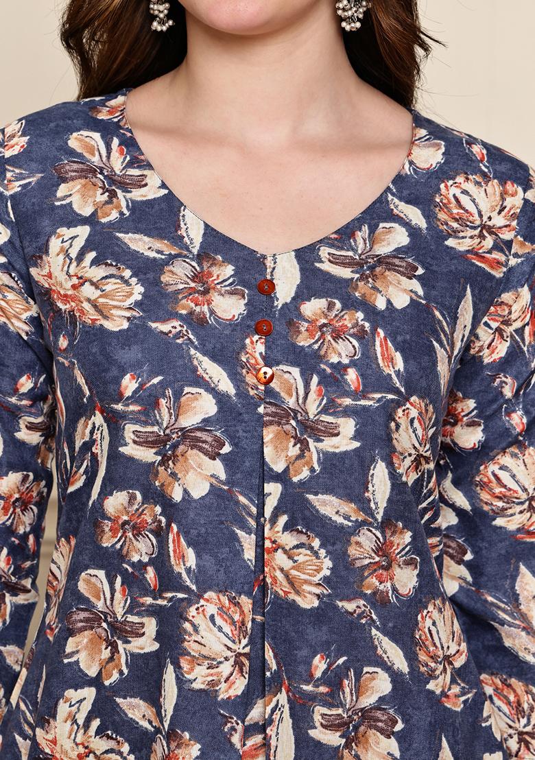 Blue Printed Cotton Kurta Set - Indya