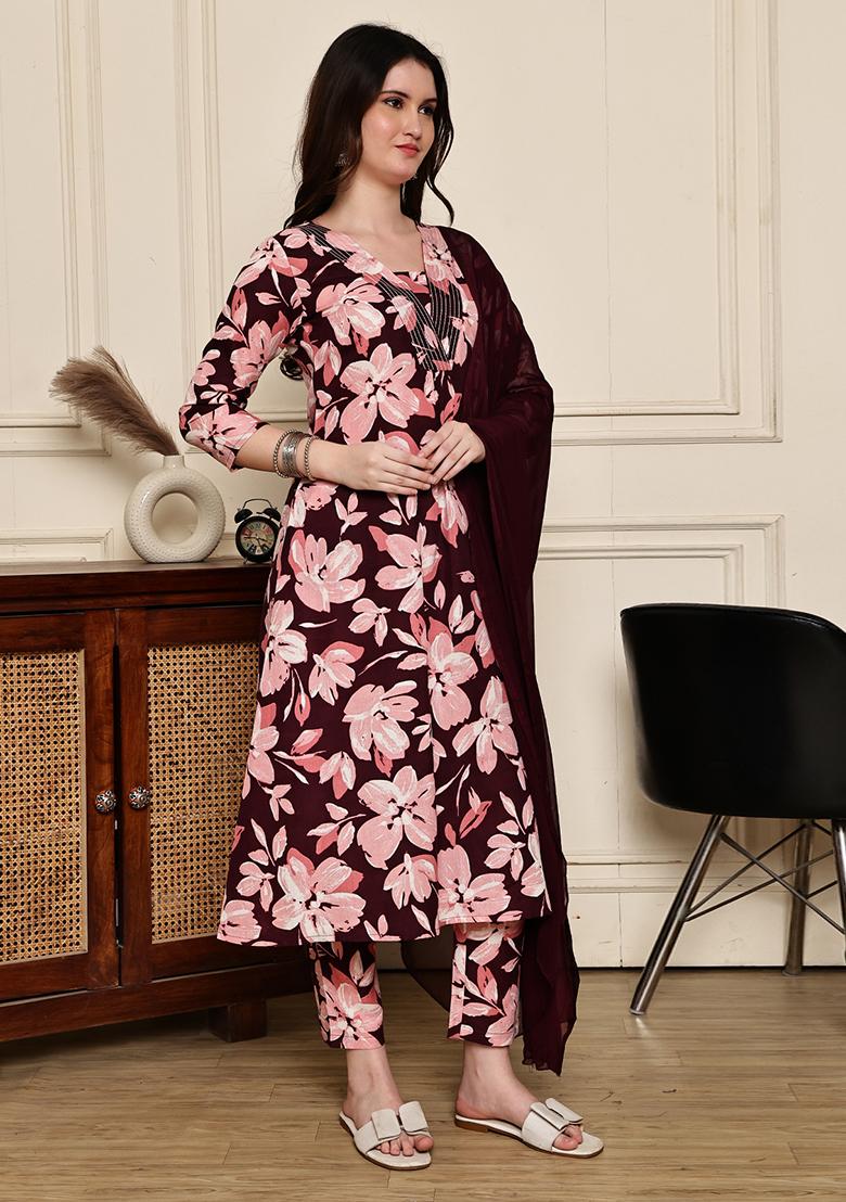Wine Printed Cotton Kurta Set - Indya