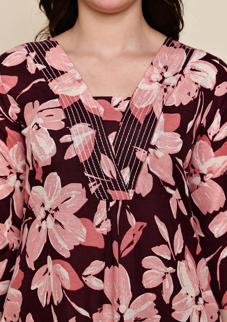 Wine Printed Cotton Kurta Set - Indya