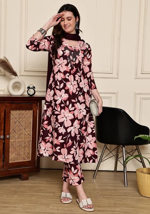 Wine Printed Cotton Kurta Set