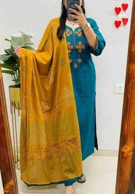 Blue Embroidered Cotton Kurta Set