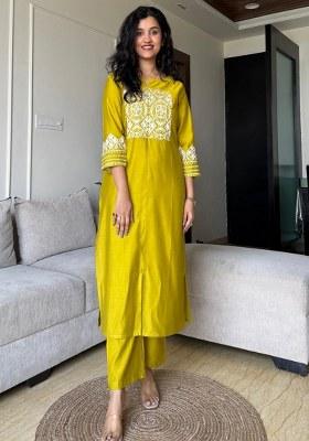 Yellow Embroidered Cotton Kurta Set