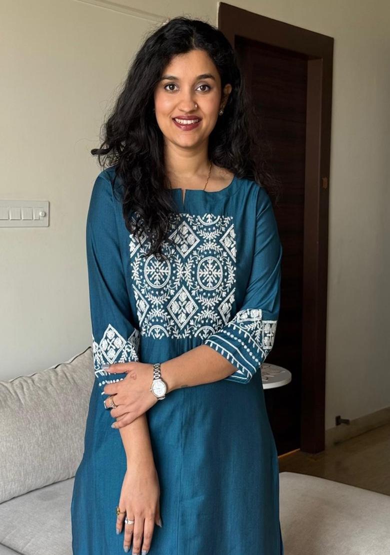 Blue Embroidered Cotton Kurta Set - Indya