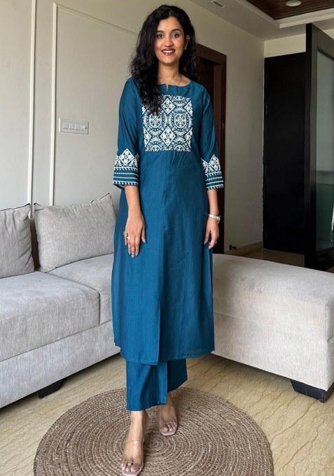 Blue Embroidered Cotton Kurta Set
