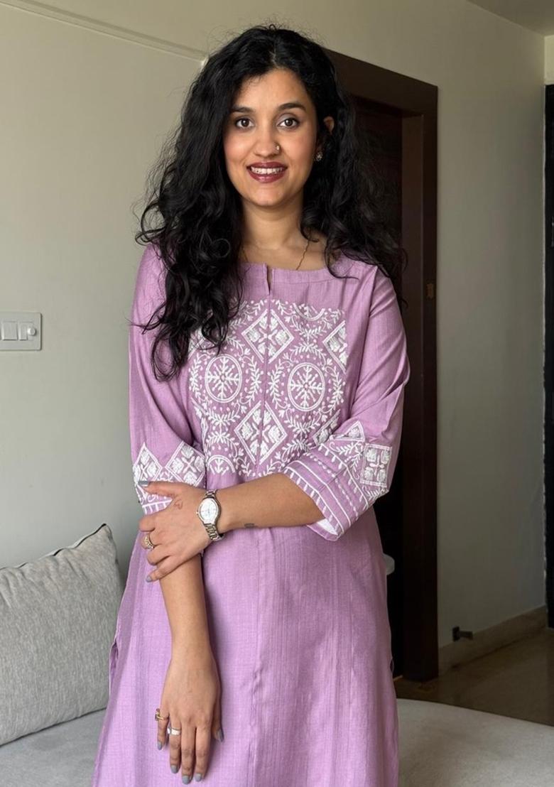 Purple Embroidered Cotton Kurta Set - Indya