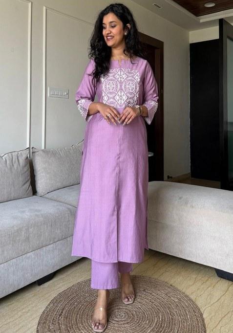 Purple Embroidered Cotton Kurta Set