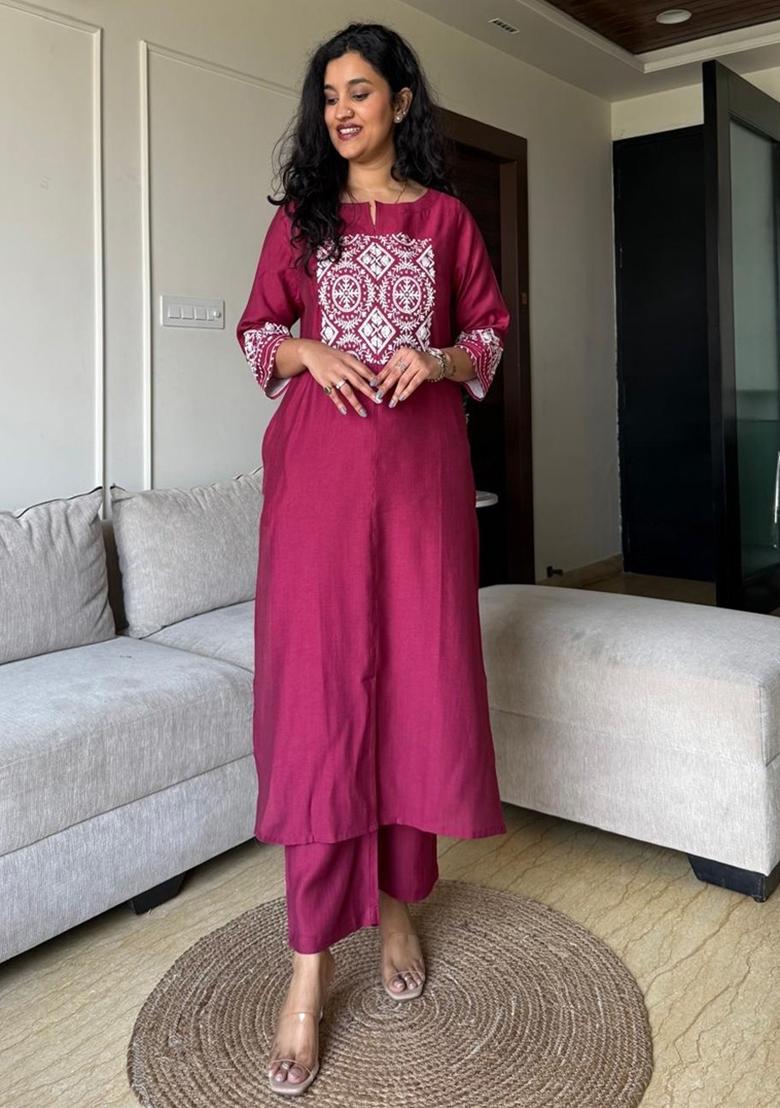 Pink Embroidered Cotton Kurta Set - Indya