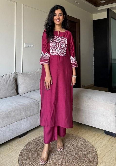 Pink Embroidered Cotton Kurta Set