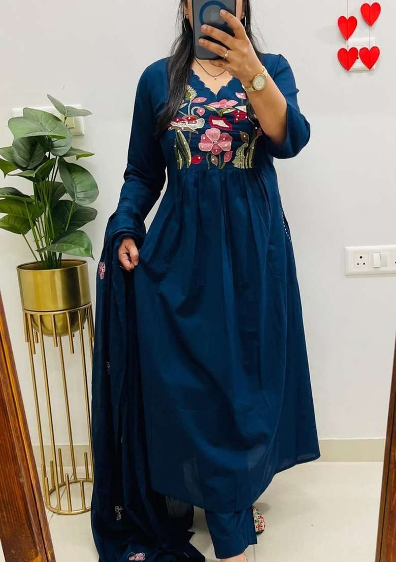 Blue Embroidered Cotton Kurta Set - Indya