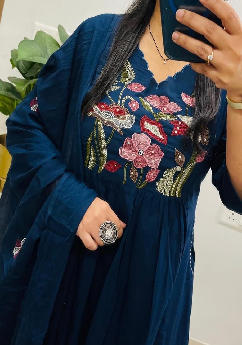 Blue Embroidered Cotton Kurta Set - Indya