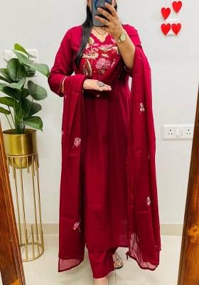 Red Embroidered Cotton Kurta Set