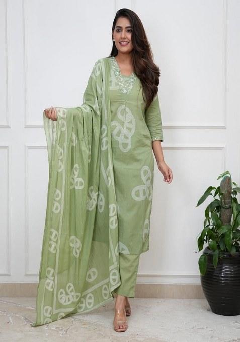 Green Embroidered Cotton Kurta Set