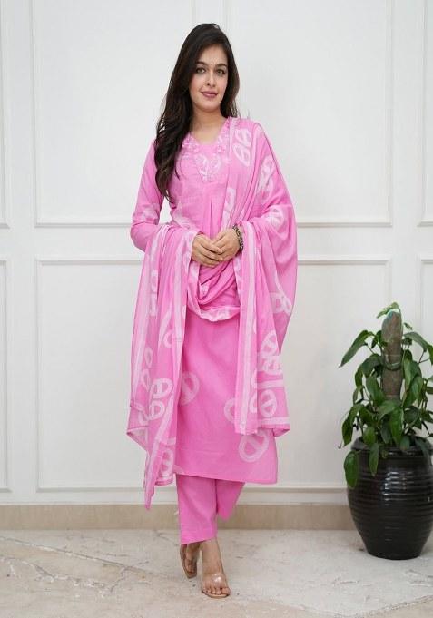 Pink Embroidered Cotton Kurta Set
