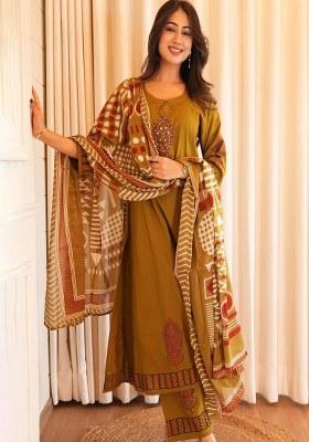 Yellow Embroidered Cotton Kurta Set