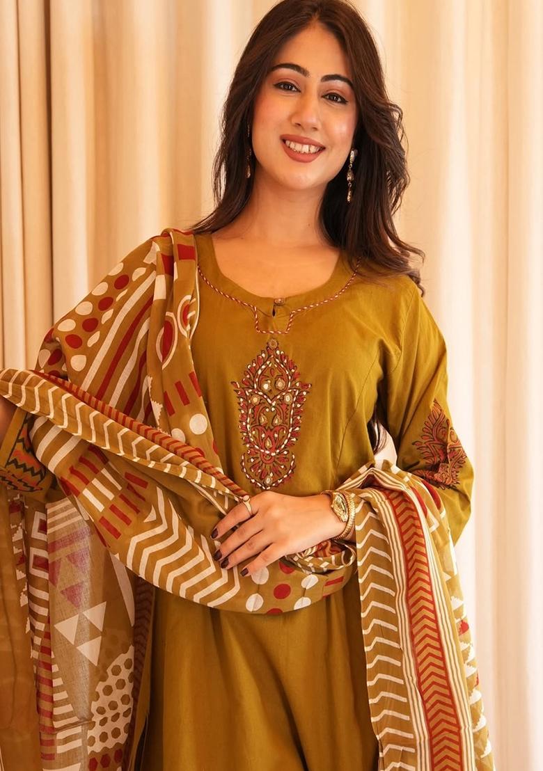 Yellow Embroidered Cotton Kurta Set - Indya