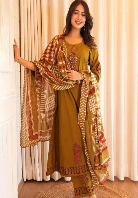 Yellow Embroidered Cotton Kurta Set