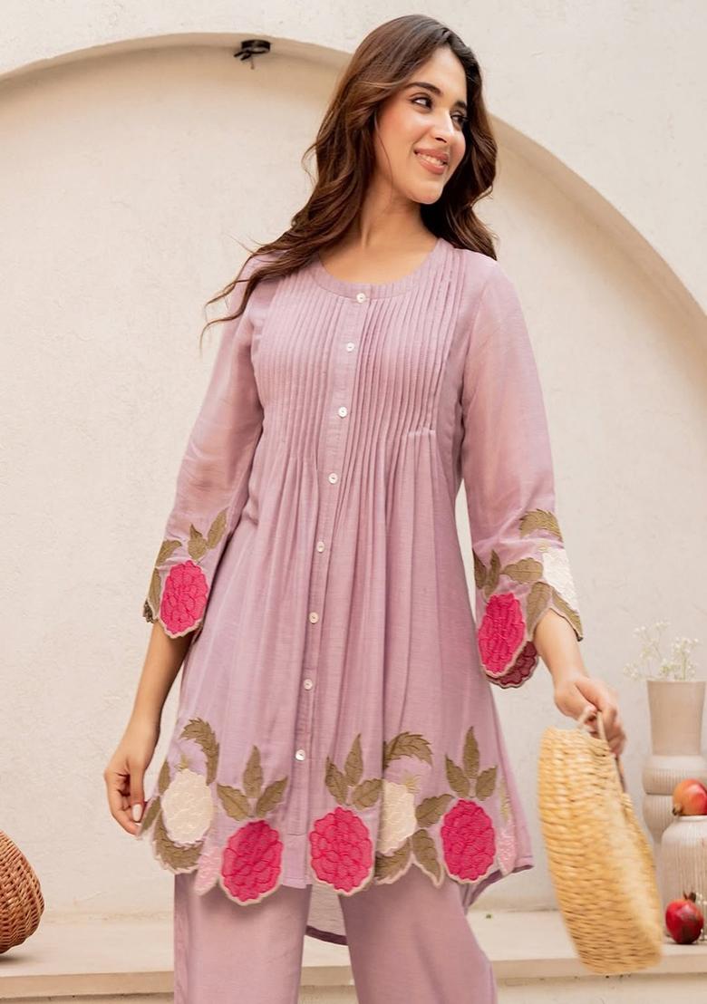 Pink Embroidered Chanderi Co Ord Sets - Indya