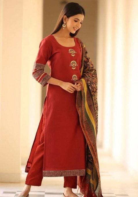 Red Embroidered Cotton Kurta Set