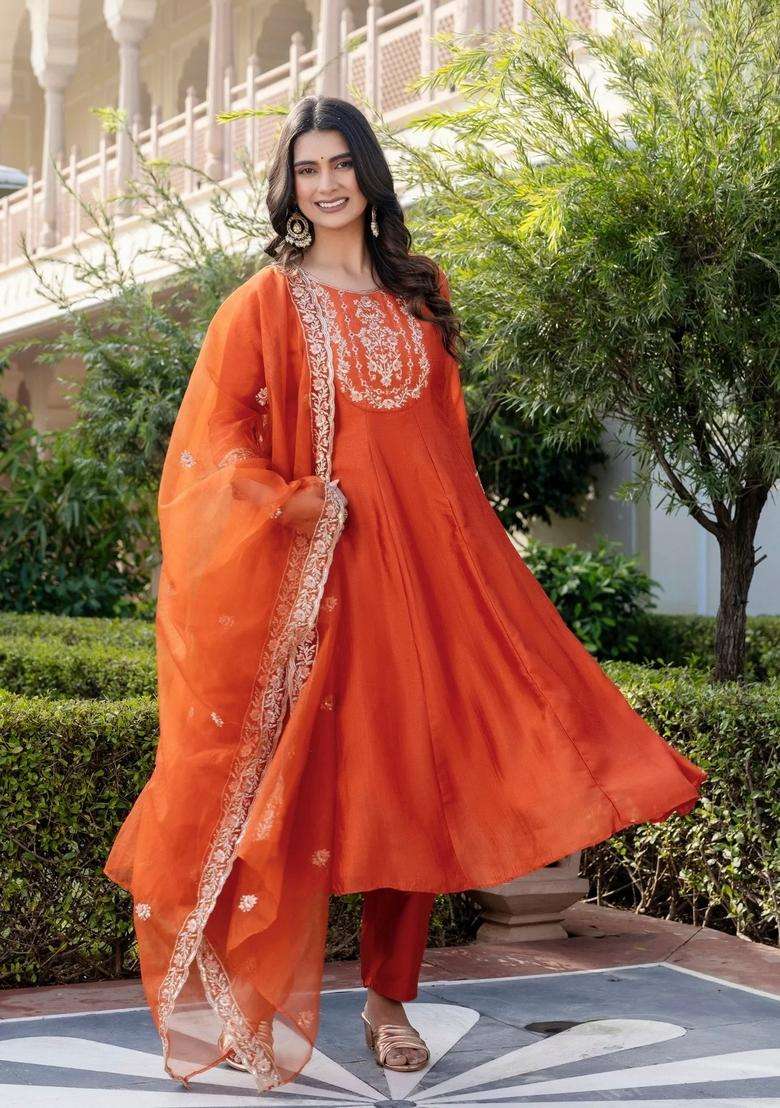 Orange Embroidered Silk Blend Kurta Set - Indya