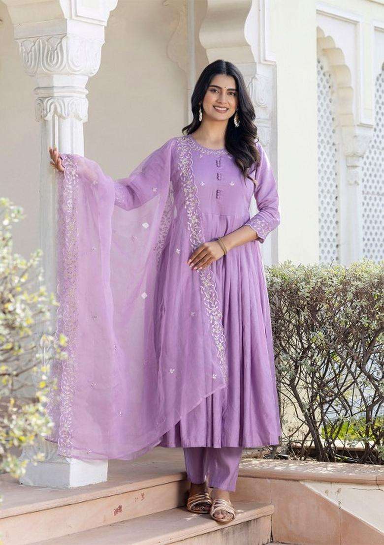 Lavender Embroidered Polly Rayon Kurta Set - Indya