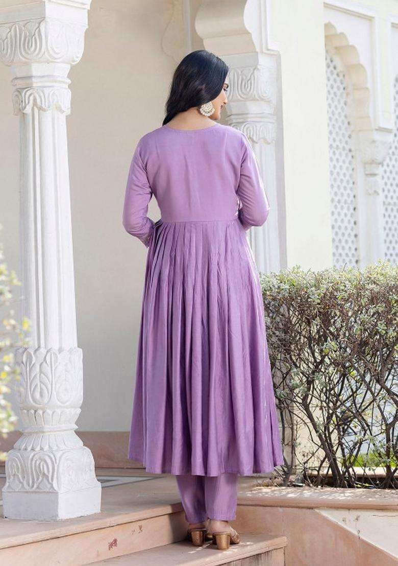 Lavender Embroidered Polly Rayon Kurta Set - Indya