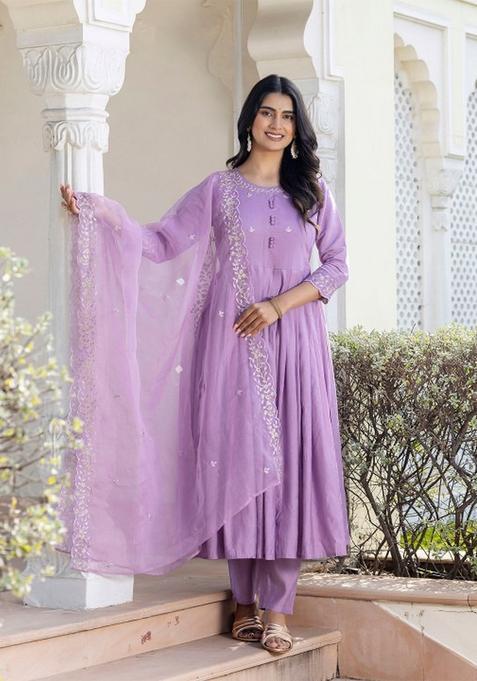 Lavender Embroidered Polly Rayon Kurta Set