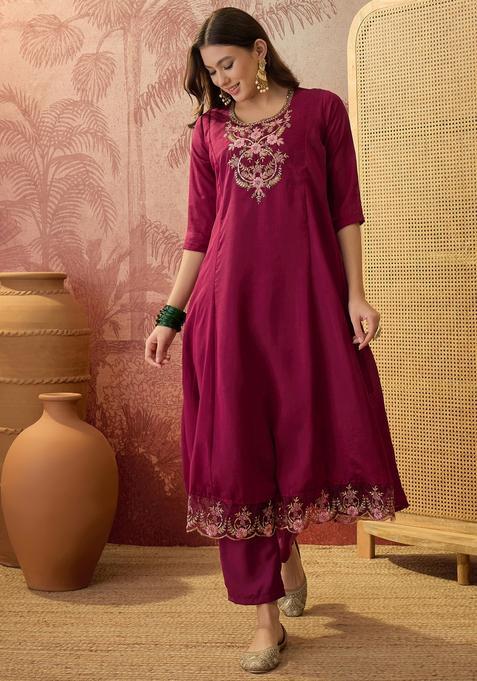 Wine Embroidered Silk Kurta Set