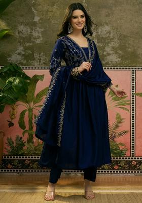 Blue Embroidered Silk Kurta Set