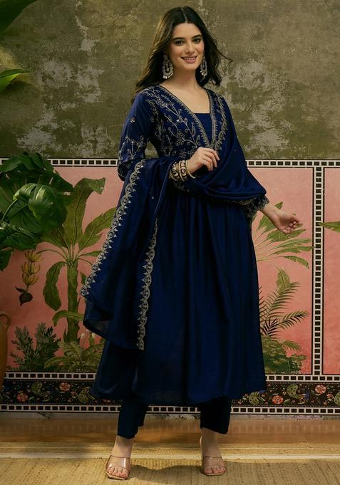 Blue Embroidered Silk Blend Kurta Set
