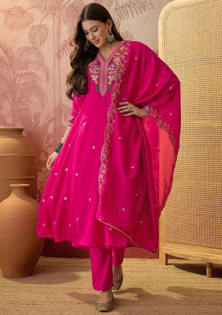 Pink Embroidered Silk Blend Kurta Set - Indya