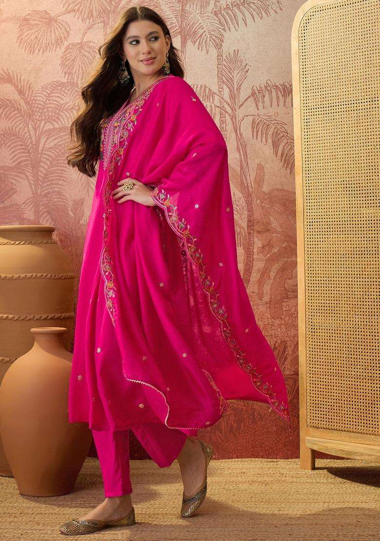 Pink Embroidered Silk Blend Kurta Set - Indya