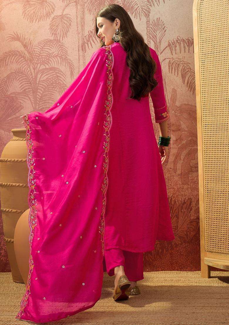 Pink Embroidered Silk Blend Kurta Set - Indya