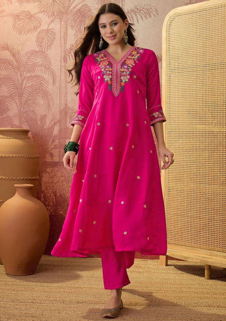 Pink Embroidered Silk Blend Kurta Set - Indya